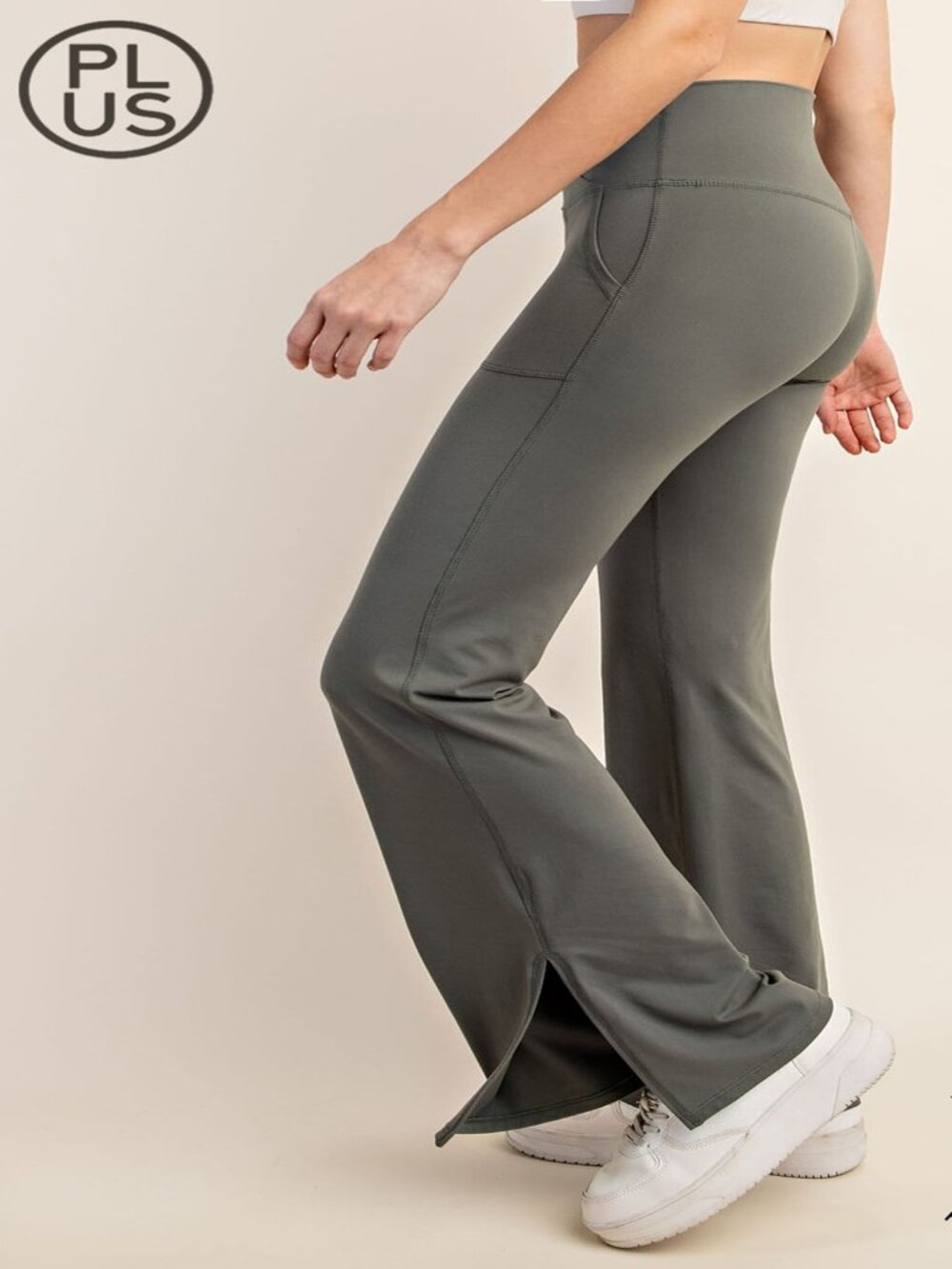 WOMENS BUTTERY PLUS SIZE V WAIST FLARE YOGA LEGGINGS W/POCKETS GREY SAGE 1X-3X
